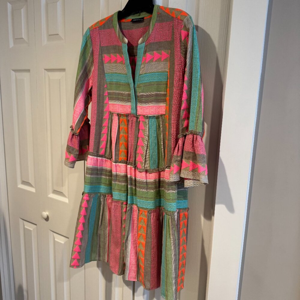 APNY Mixed Print Tiered Cotton Tunic Dress in Pink Multi Size M - Picture 10 of 14